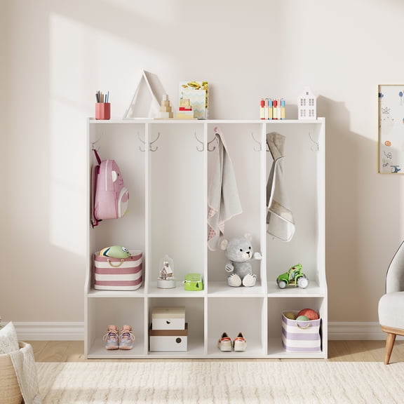 Ataucjin 4-Section Classroom Coat Locker with 4 Cubbies, Cubby Storage Organizer with 8 Hooks for Home, School, Nursery, Kindergarten