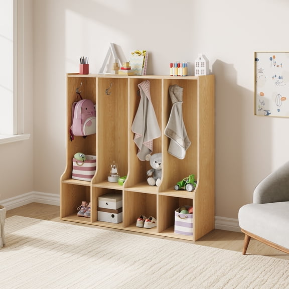 Ataucjin 4-Section Classroom Coat Locker with 4 Cubbies, Cubby Storage Organizer with 8 Hooks for Home, School, Nursery, Kindergarten