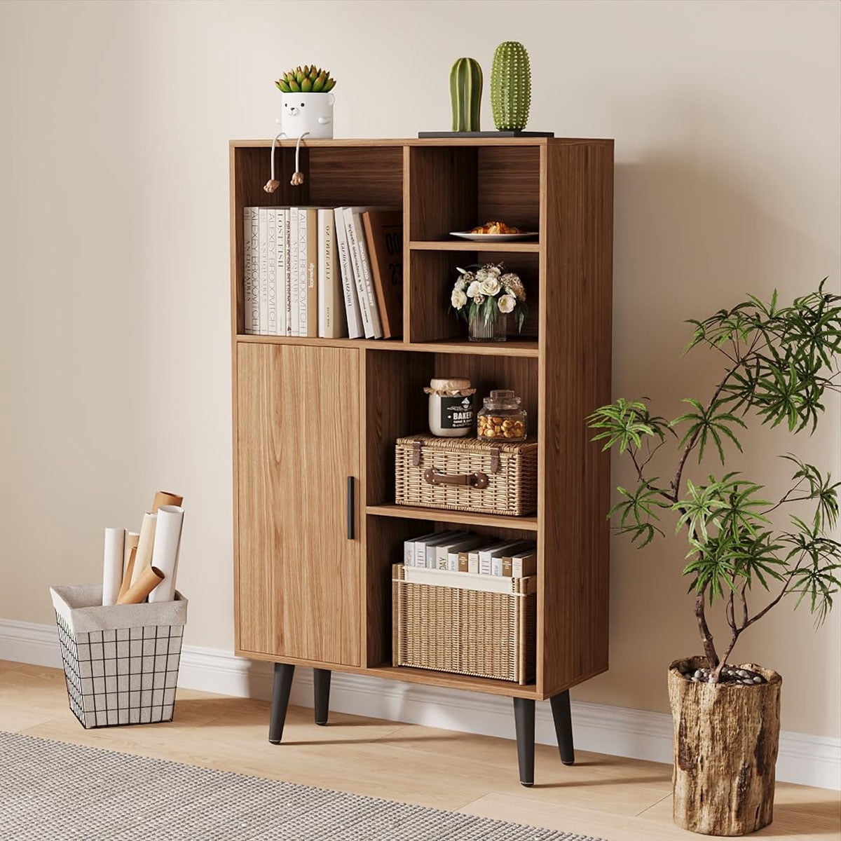 Ataucjin 4-Tier Display Walnut Bookcase,Book Shelf Cube Storage Cabinet with Legs, Freestanding Open Book Shelves for Living Room Furniture