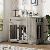 Ataucjin 44 Inch Furniture Style Dog Crate for Large Dogs, Heavy Duty Wooden Dog Kennel Furniture with Drawer & Side Storage and Bulit-in Feeding Station