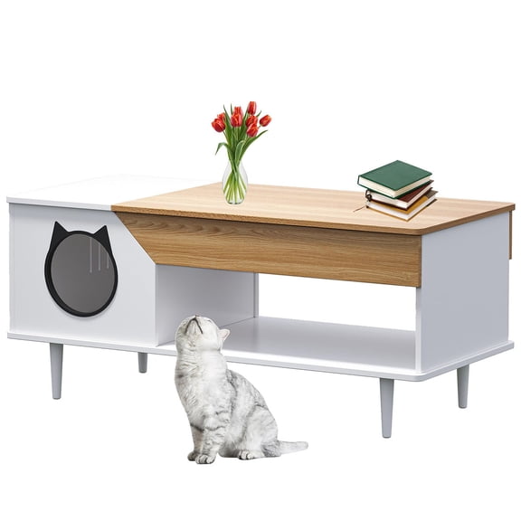 Ataucjin 45'' Cat Litter Box Enclosure Hidden Litter Box Furniture for Kitty Cats, Kitten Furniture with Condo, Kitty Box Cats Washroom, Coffee Table for Living Room