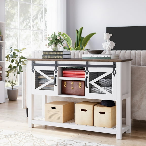 Ataucjin 46" Farmhouse Entryway Table with Sliding Barn Doors, Entryway Console Table Console Tables with Storage Shelves, Narrow Rustic Wooden Sofa Table for Living Room, Foyer & Entryway
