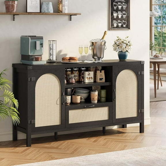 Ataucjin 47.2” Rattan Sideboard Buffet Cabinet,Farmhouse Kitchen Storage Cabinet,Boho Buffet Table Wooden Coffee Bar Cabinet with Doors and Adjustable Shelves for Kitchen Dining Room