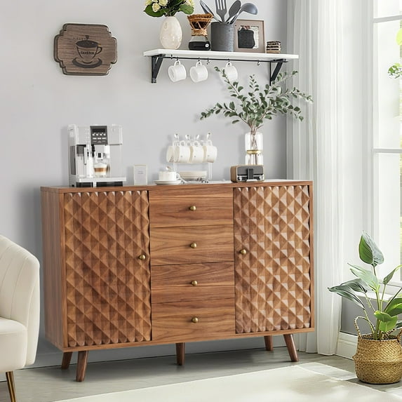 Ataucjin 47.2" W Sideboard Buffets Cabinet with 4 Drawers,Buffets Cabinet with Storage,Large Sideboard with 2 Door,Wood Farmhouse Buffet Cabinets,Modern Mid Century Coffee Bar Cabinets
