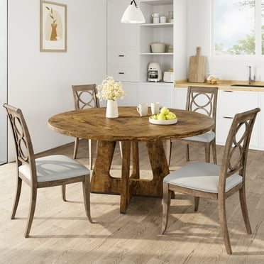 Ataucjin 47-Inch Round Large Dining Table, Wooden Kitchen Table Set for 4, Farmhouse Dinner Table with Wooden Top and Legs for Home Dining Room or Living Room - Rustic Brown(Only Table)