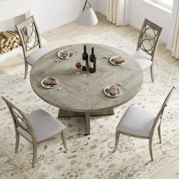 Ataucjin 47-Inch Round Large Dining Table, Wooden Kitchen Table Set for 4, Farmhouse Dinner Table with Wooden Top and Legs for Home Dining Room or Living Room - Rustic Brown(Only Table)