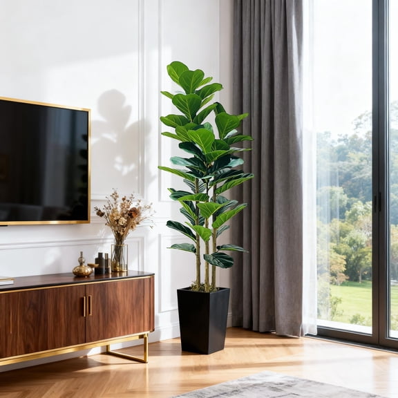 Ataucjin 5 FT Artificial Fiddle Leaf Fig Tree Plant,Tropical Ficus Pandurata Hance with White Pot - Ficus Tree Decoration for Living Room, Office, Celebration & Party