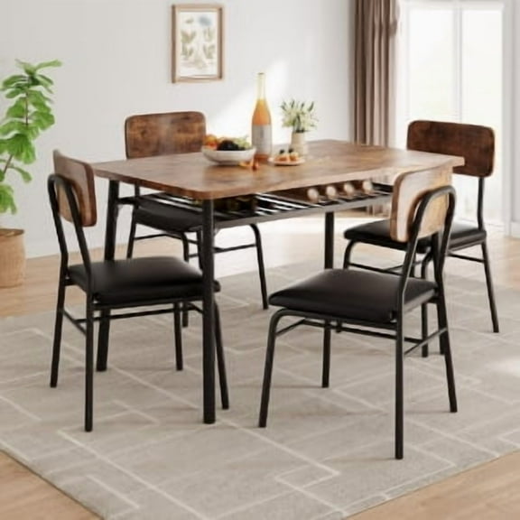 Ataucjin 5-Piece Dining Table Set, Modern Kitchen Table Set for 4, Dining Table and Chairs for 4 with Metal Frame, Storage Rack, Square Table and 4 Padded Chairs Wooden Dining Room Table and Chairs