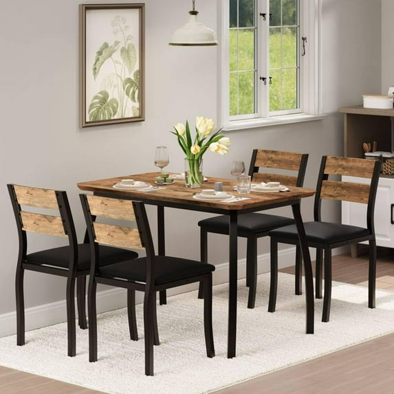 Ataucjin 5 Piece Metal Frame Kitchen Table and Chair Set,Dining Table Set for 4, Chamfer Design Space-Saving Dining Room Furniture for Small Spaces, Apartment, Studio, Breakfast Nooks