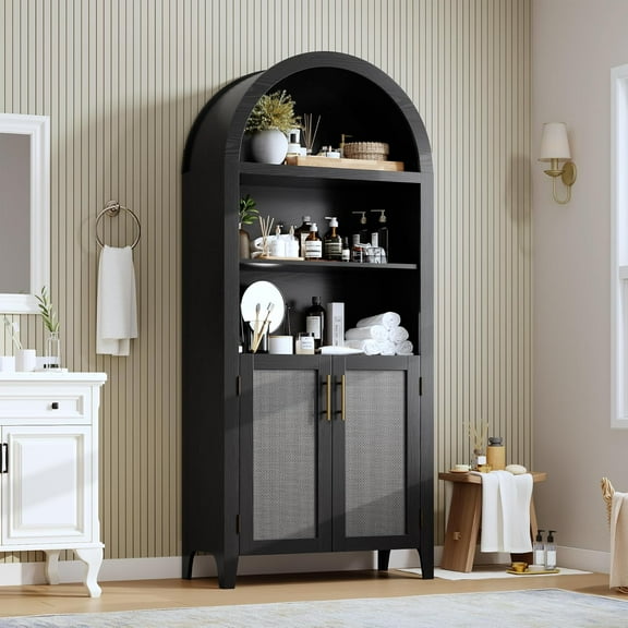 Ataucjin 5 Tier Open Display Shelf with Rattan Decor, Arched Bookcase with Doors, Modern Bookshelf Storage Cabinet for Home Office Living Room Library,