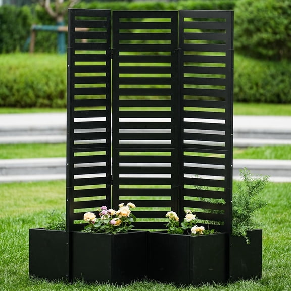 Ataucjin 52x70x28 Inch Privacy Screen with Planter Box, Metal Garden Fence Panel, 3-Panel Freestanding Outdoor Room Divider with 4 Self-Draining Raised Garden Beds for Patio, Deck, Yard