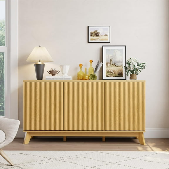 Ataucjin 58" Modern Farmhouse Buffet Cabinet with Curved Doors & Adjustable Shelves, Wood Kitchen Storage Cabinet, Wood Storage Sideboard for Dining Room, Coffee Bar Console, Living Room