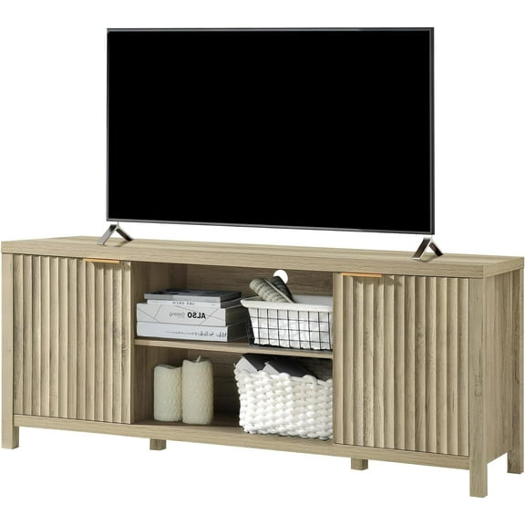Ataucjin 59" Fluted TV Stand for TVs Up to 65 Inches, TV Console Table Mid Century Modern Media Console with Storage Cabinets & Open Shelves, Wood Entertainment Center,TV Console Table