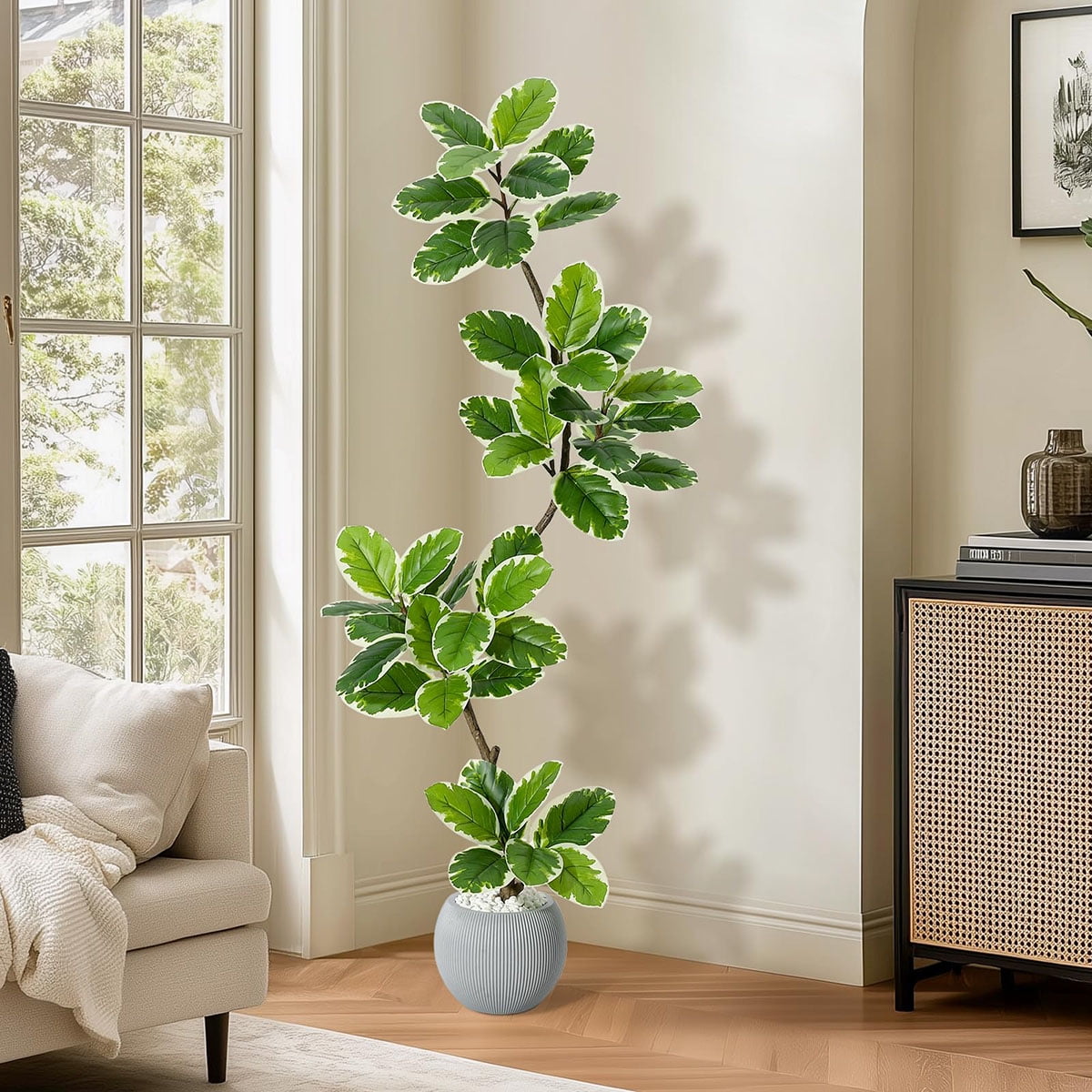 Ataucjin 5FT Artificial Fiddle Leaf Fig Tree, Tall Faux Rubber Tree with Sphere Planter, Tall Artificial Plants with Moss for Home Decor Office Living Room