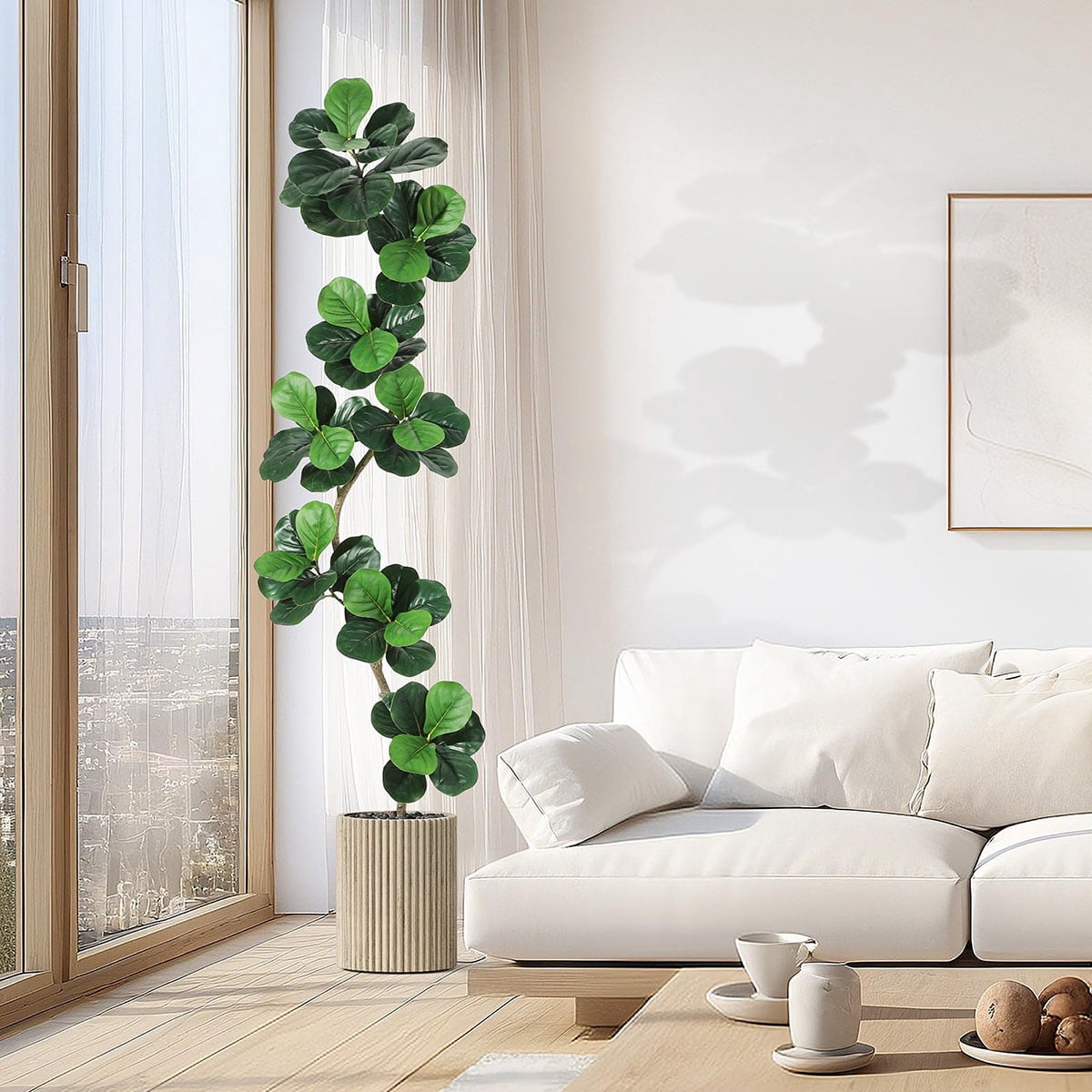 Ataucjin 5ft Fiddle Leaf Fig Artificial Tree, Faux Plants Indoor with Moss&White Planter, Fake Rubber Tall Fake Floor Plant in Pot,Artificial Trees for Home Office Living Room Decor