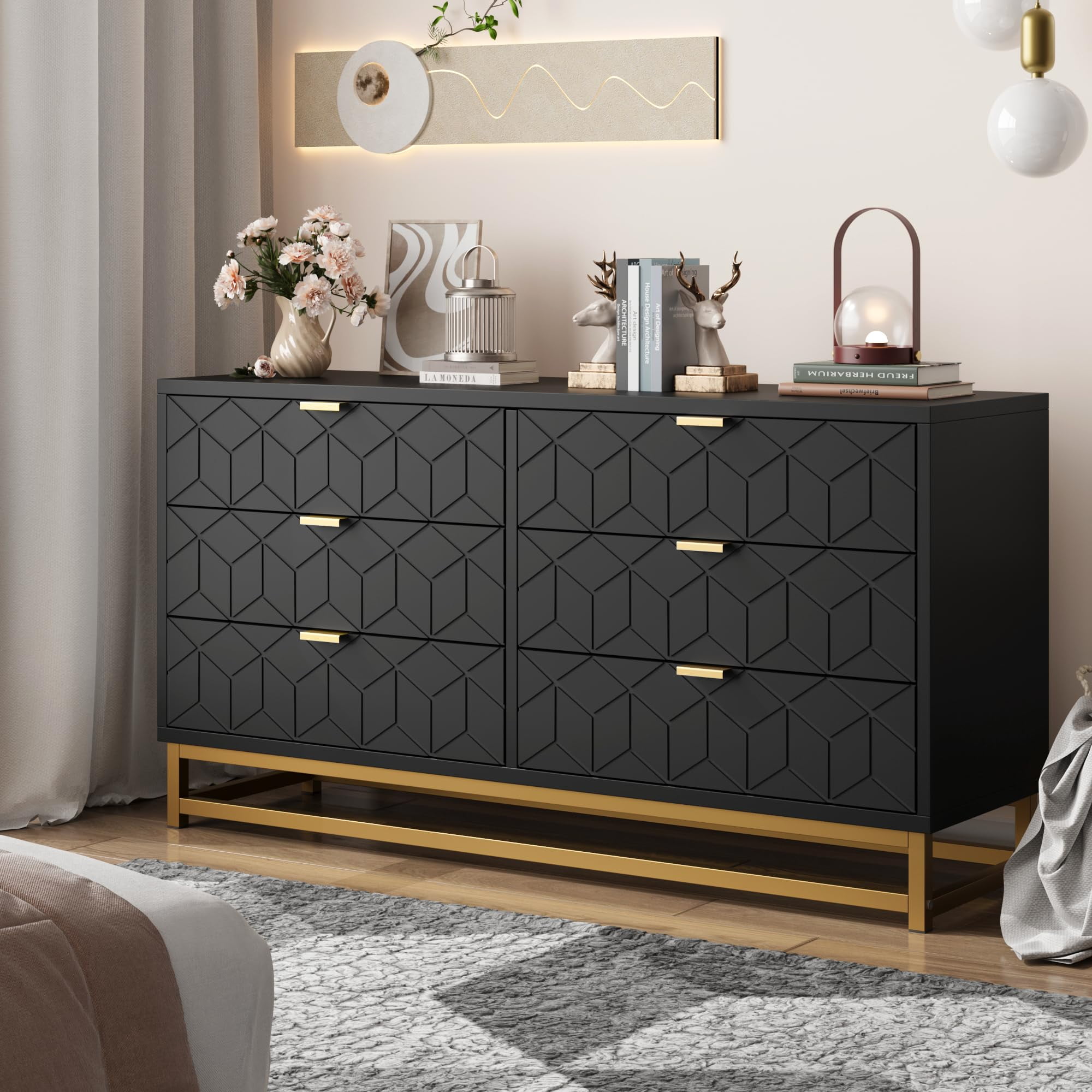 large modern dresser Ataucjin 6 Drawer Dresser for Bedroom, 53.5” Large Dresser with Metal Legs, Modern  Dresser Chest Organizer with Wide Storage, Chest of Drawers for Bedroom,  Living Room, Entryway