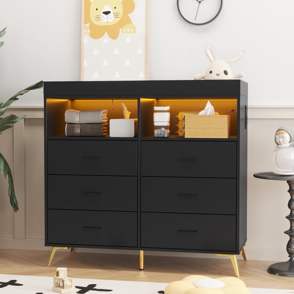 Ataucjin 6 Drawer Dresser with LED Lights and Built-in Power Outlet, Wide Chest of Drawers with 2 Open Storage Shelves, Baby Changing Table Dresser for Newborn