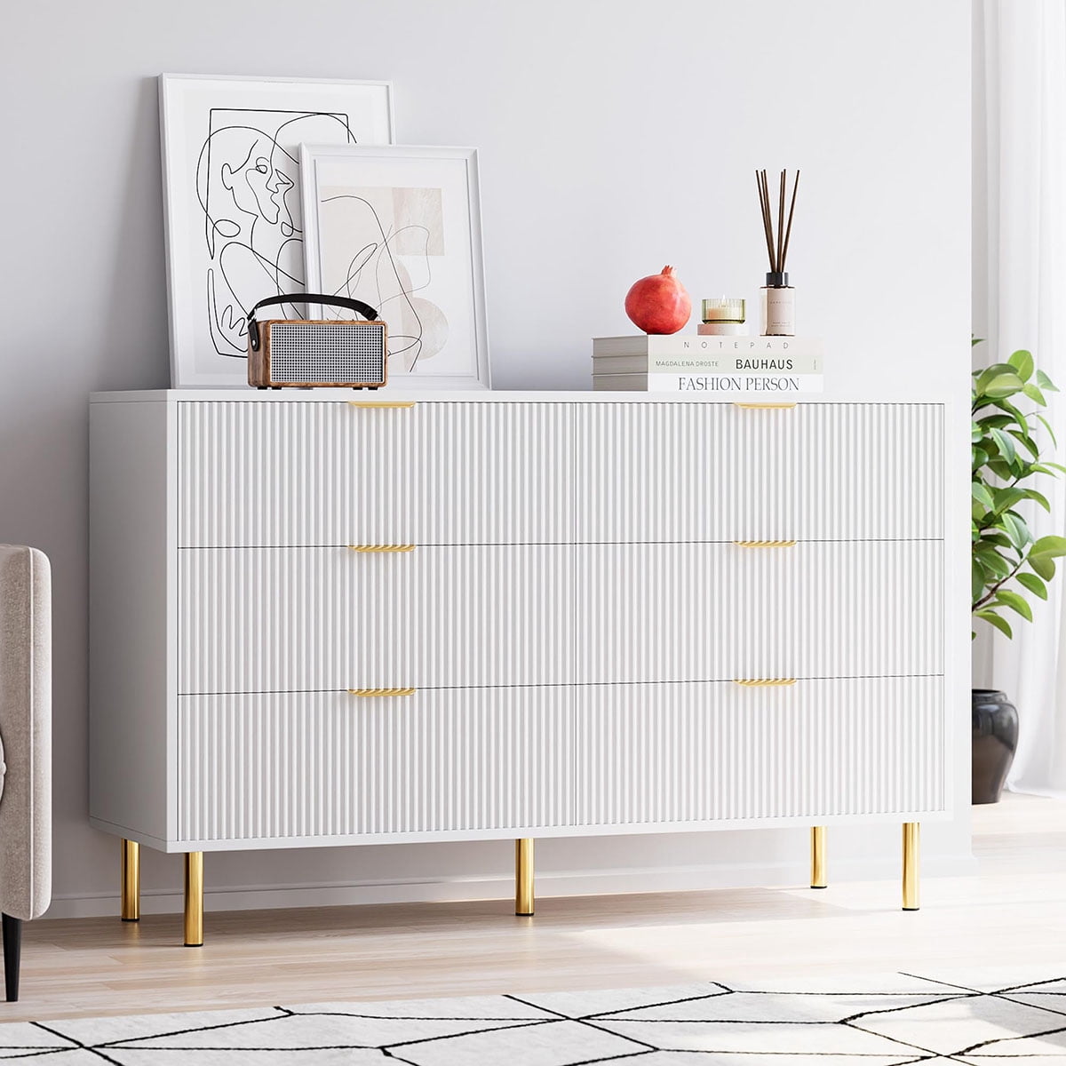 BLANKSPACE White 6-Drawer Dresser – Modern Bedroom Storage Cabinet With Metal Knobs
