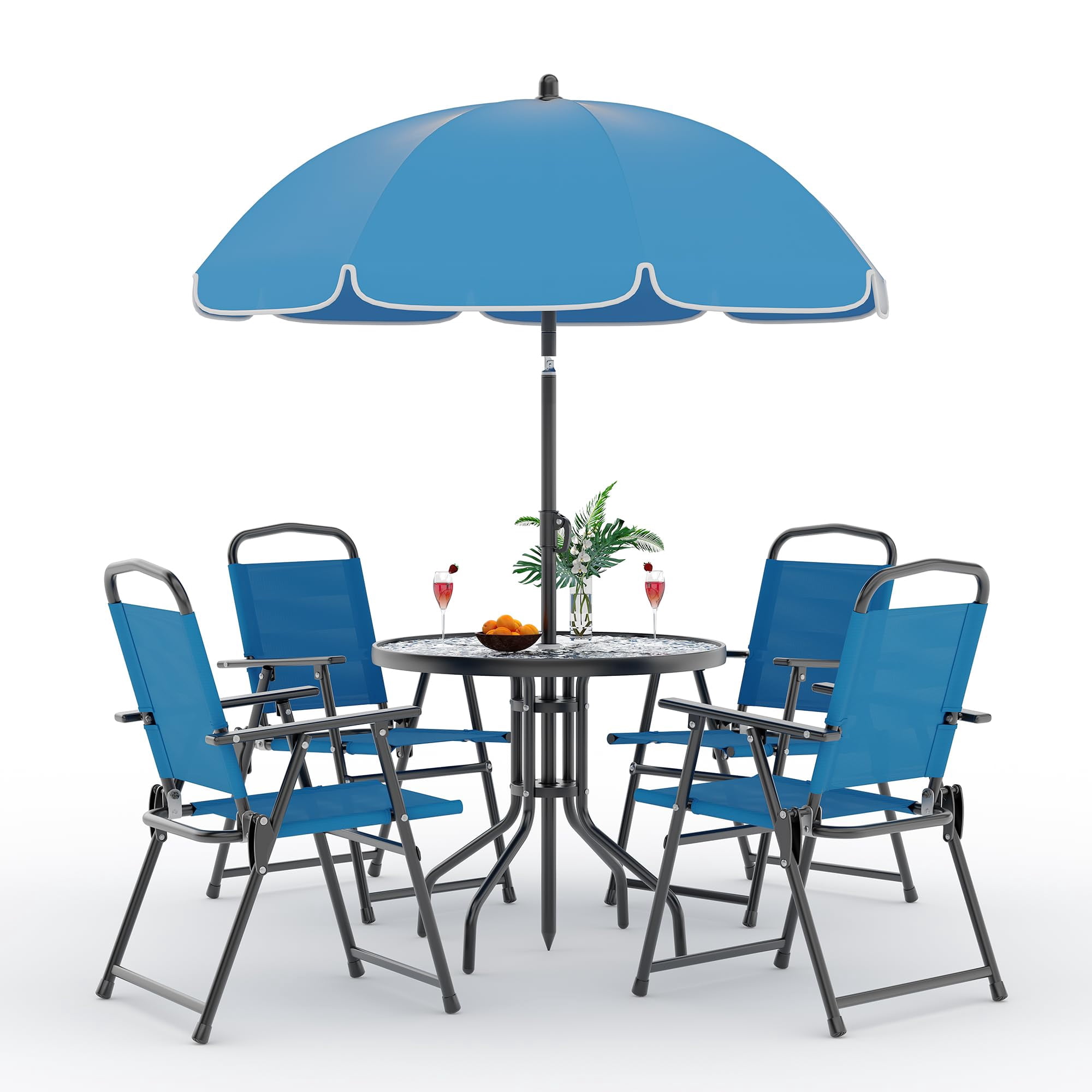 6 Pieces Patio Dining Set Folding Chairs Glass Table Tilt Umbrella for Garden-Coffee