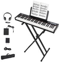 Ataucjin 61-Key Portable Keyboard with Semi-Weighted Keys, Includes Music Stand & Power Adapter, For Beginners to Professional Players, Black Set with Stand