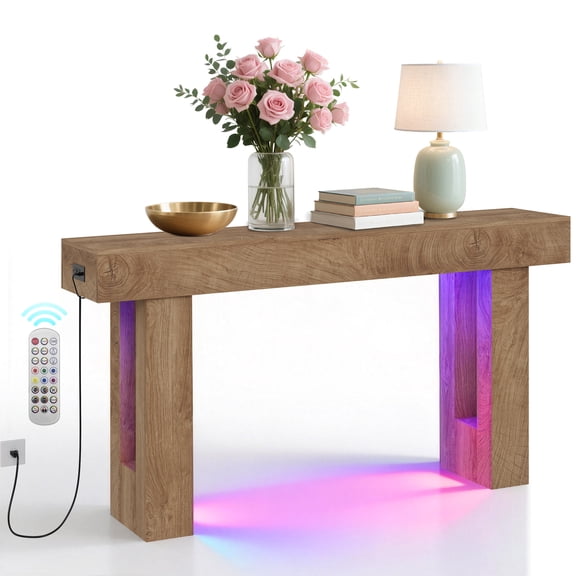 Ataucjin 63" Entryway Table Farmhouse Console Table with 6 Colors LED Lights & Power Outlets, Narrow Wooden Entryway Table Open Storage for Entrance, Living Room, Bedroom, Hallway, Foyer