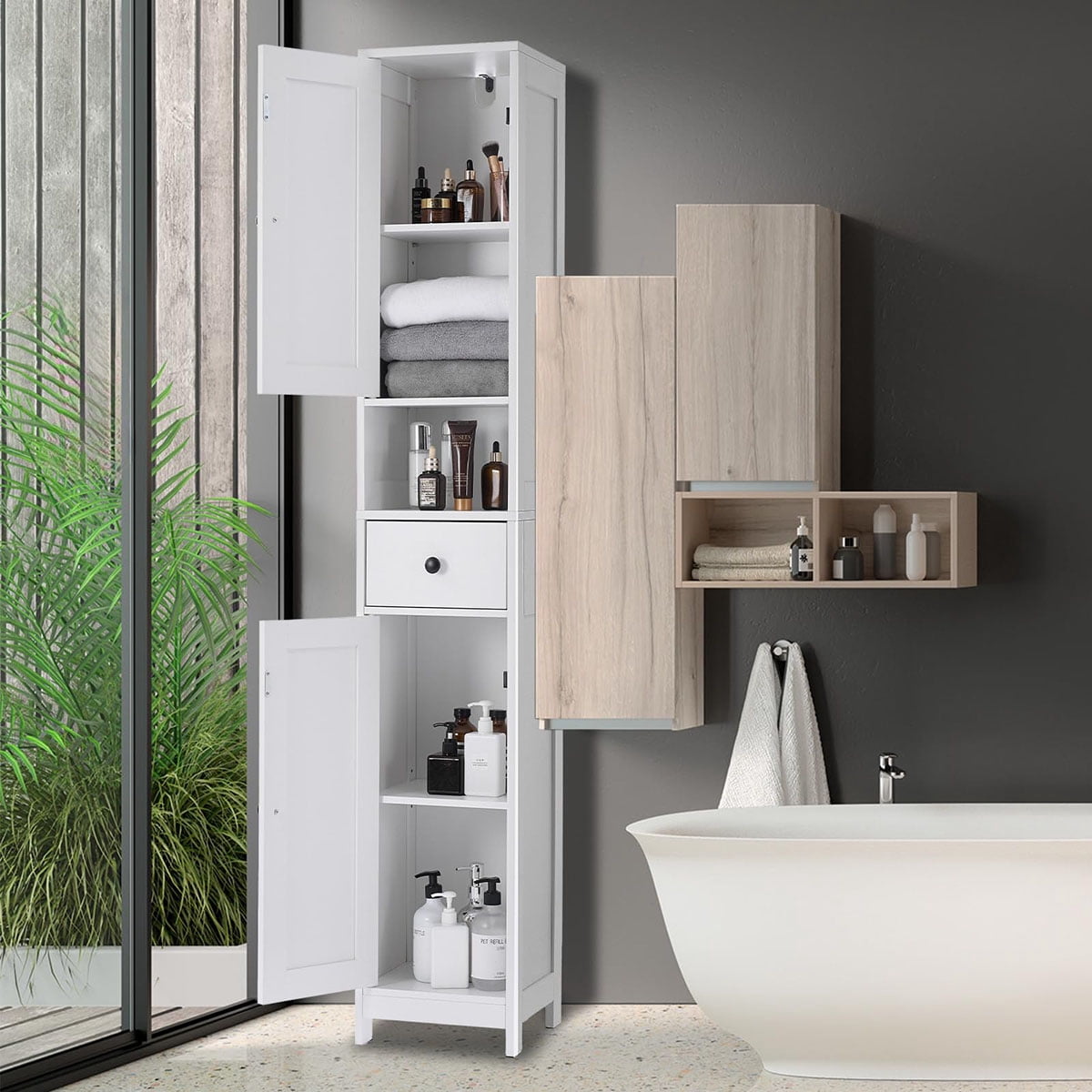 Ataucjin 68 Inch Narrow Storage Cabinet for Bathroom,Over Toilet Storage Cabinet, Tall Bathroom Cabinet with Drawer & Open Shelf,Adjustable Shelves, Water-Resistant for Toilet Tank, Laundry Room