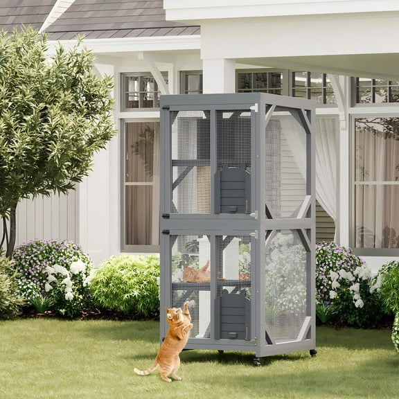 Ataucjin 68'' Window Catio Outdoor Cat Enclosure On Wheels,Large Cat Cage Large Cats Kitty House with Waterproof Roof,Cat Playpen Outside Cattery with Platforms,Resting Box and Scratching Post