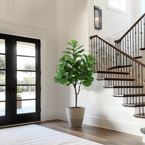 Ataucjin 6FT Artificial Fiddle Leaf Fig Tree,Tall Faux Silk Ficus Trees with Natural Dry Grass and Lifelike Ficus Leaf for Indoor House Home Office Housewarming Porch
