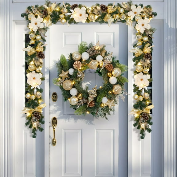 Ataucjin 6Ft Pre Lit Christmas Garland with 20 Warm White LED Lights, Magnolia Flowers & Bows, Weather Resistant Winter Holiday Garland, Lighted Xmas Decoration for Mantle Fireplace