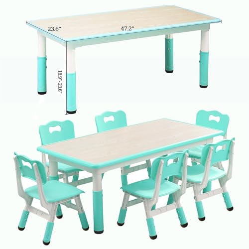 Ataucjin 7 PCS Kids Table and Chairs Set, Toddler Height Adjustable Desk with Graffiti Desktop, Arts & Crafts Table with 6 Seats, Non-Slip Legs, Max 300lbs, Suitable for Kids Table and Chairs Ages 2-1