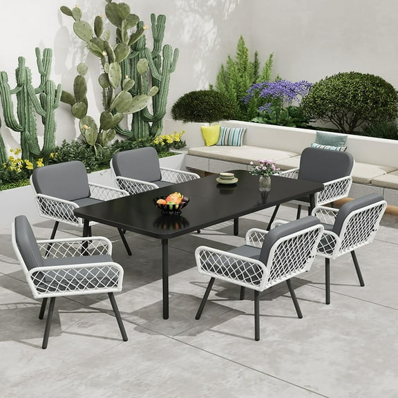 Ataucjin 7-Piece Outdoor Dining Table Set for 6, 59" Tempered Glass Dining Table with Metal Frame and 6 Rattan Chairs, Patio Dining Set for Garden, Backyard and Poolside（ship in 3 boxes）