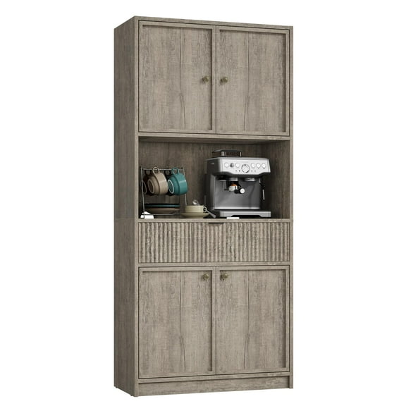 Ataucjin 70"Pantry Cabinet, Kitchen Hutch Storage Cabinet with Countertop for Microwave, Fluted Pantry Storage Cabinets with Drawer, Freestanding Cupboard for Dining Room, Living Room