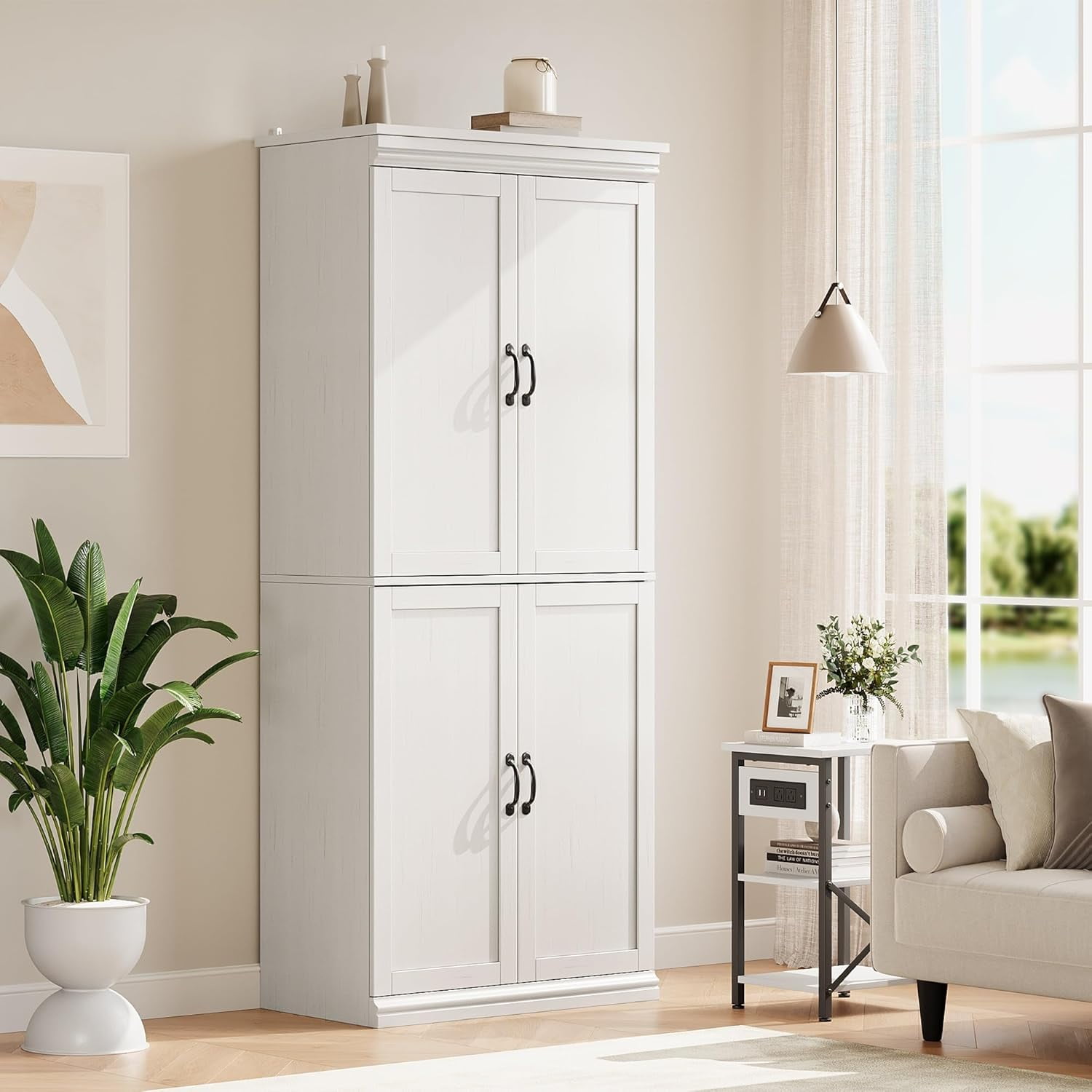 Antique White Tall Freestanding Kitchen Pantry Cabinet with Adjustable Shelves