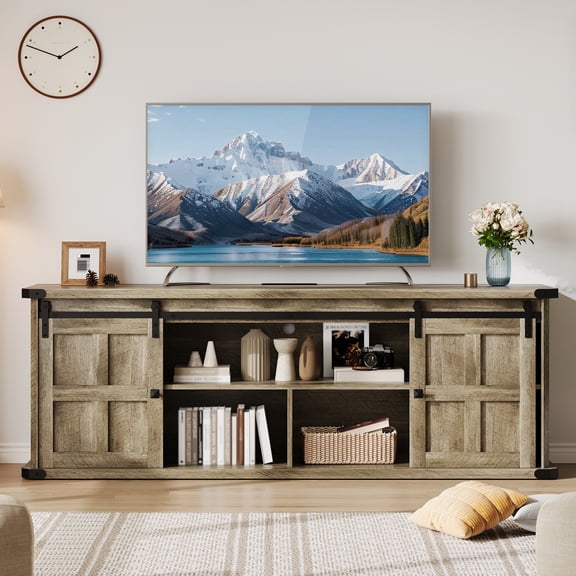 Ataucjin 70 inch Farmhouse TV Stand for 75 in TVs, Modern Entertainment Center with Sliding Barn Doors, Modern Media TV Console Table, Wood Long TV Stand for Living Room
