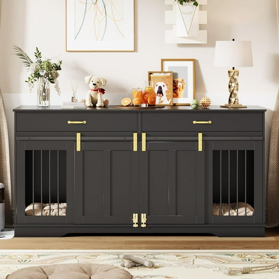 Ataucjin 71" Dog Crate TV Stand for 2 Large Dogs, Extra Large Double Dog Kennel Furniture with 2 Drawers and 2 Lockable Sliding Doors, Wooden Furniture Dogs Crate for Indoor Home Living Room