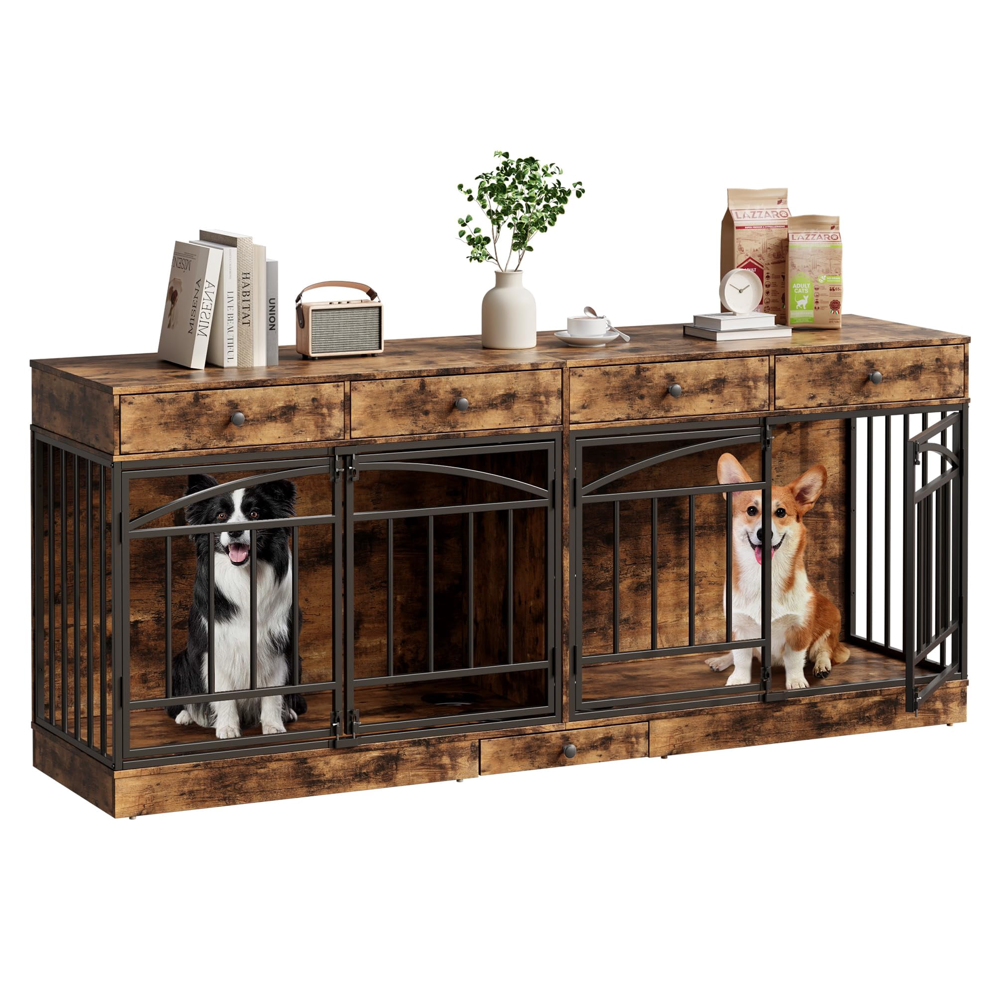 Ataucjin 78.7" Double Dog Crate Furniture with Storage and 4 Doors, Dog ...
