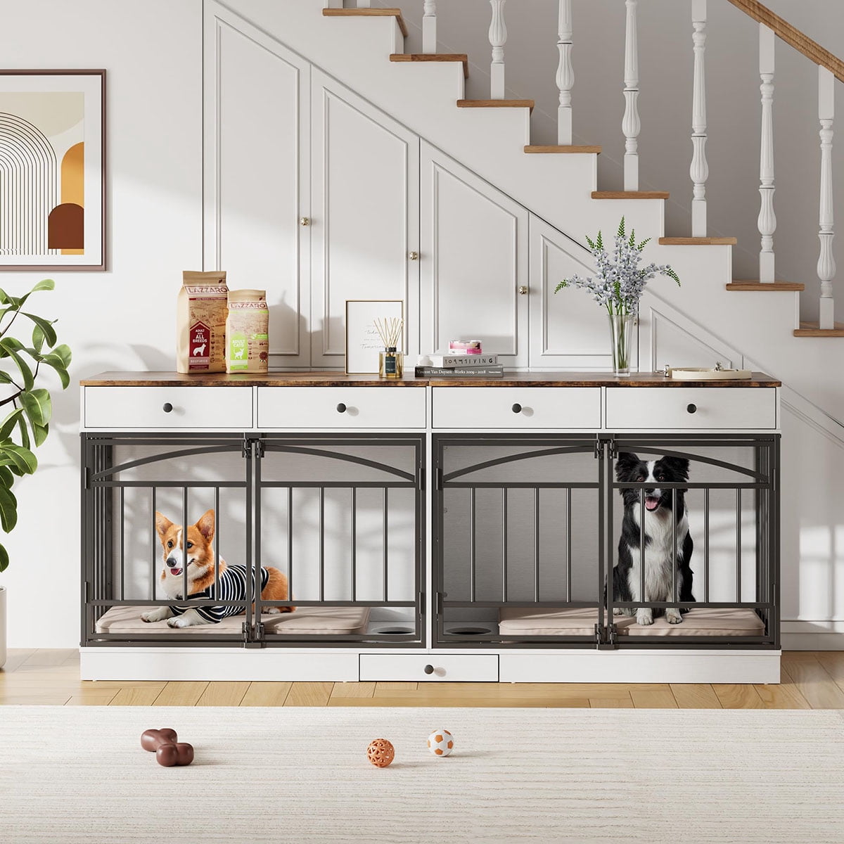 Ataucjin 78.7" Double Dog Crate Furniture with Storage and 4 Doors, Dog ...