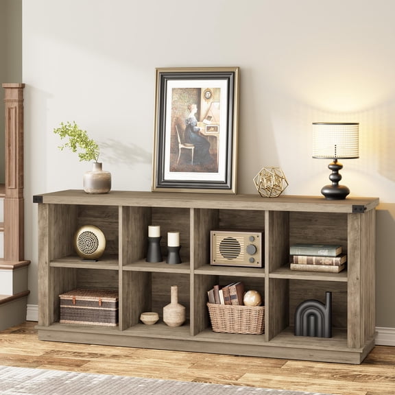 Ataucjin 8 Cube Storage Organizer Bookshelf,3 Tier Farmhouse Horizontal Bookcase,62 Inch Wood Storage Bookcase for Entryway, Long Low Bookshelves for Living Room