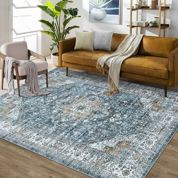 Ataucjin 8x10 Area Rug Machine Washable Rug for Living Room Vintage Distressed Area Rug,Non-Slip Stain Resistant Carpet Accent Rug Retro Medallion Floor Cover for Bedroom Classroom Dining Room Office