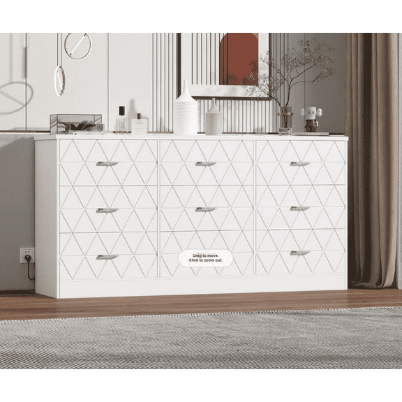 Ataucjin 9 Drawer Wooden Dresser for Bedroom With Power Outlet,63'' Large Dresser With Wide Drawers,Modern Chest of Drawer for Closet,Storage Organizer Long Dresser for Living Room,Hallway,Bedroom