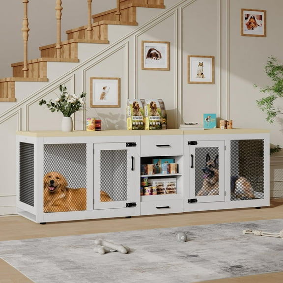 Ataucjin 91 Inch Furniture-Style Dog Crate with 4 Bowls,Extra Large Dog Crate Furniture for 2 Dogs,Heavy Duty Indoor Double Dog Crate with Feeding Drawer & Storage Shelves（ship in 2 boxes）
