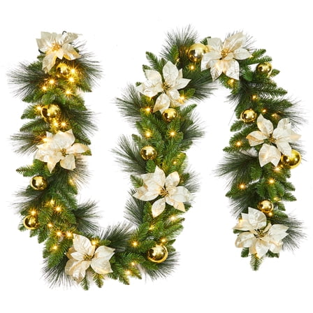 Ataucjin 9FT Battery Operated Christmas Garland with Adjustable Warm White LED Lights & with Pine Cones, Berry Clusters Glitter for Indoor Xmas Tree, Stairway Decor, Mantle