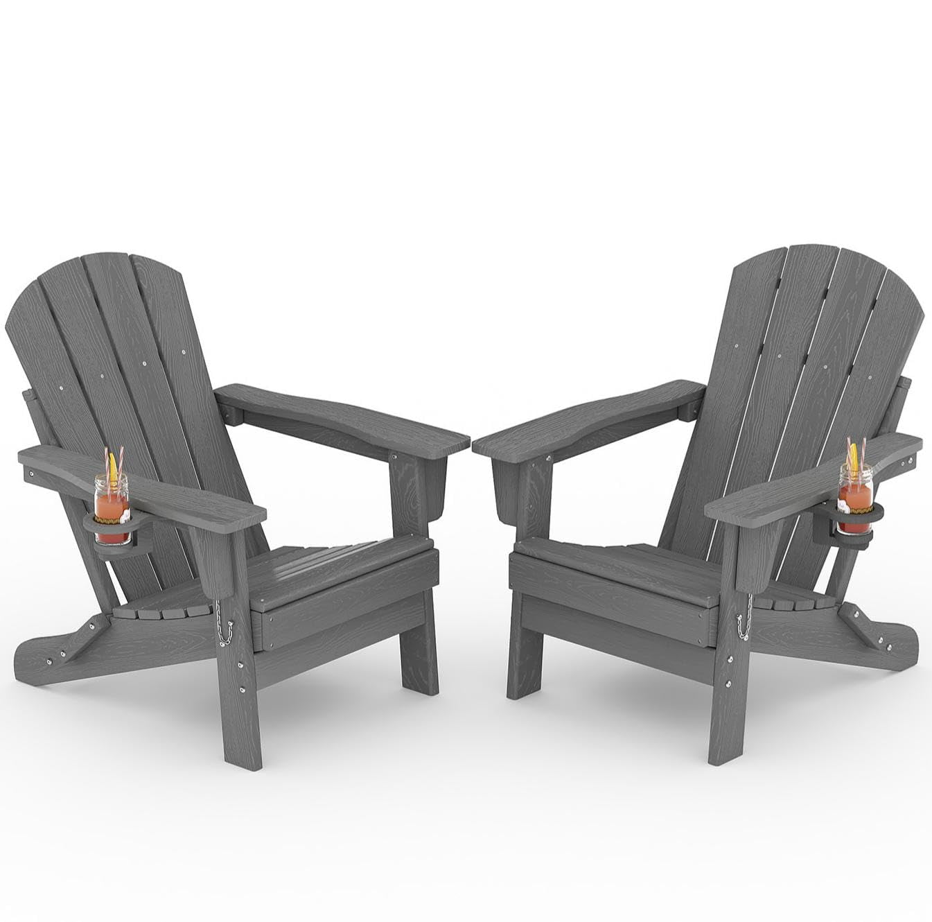 Ataucjin All-Weather HDPE Folding Adirondack Chairs Set of 2，Wood Grain Texture & Cup Holders, Collapsible, Plastic, Outdoor Patio Furniture for Garden, Deck, Fire Pit