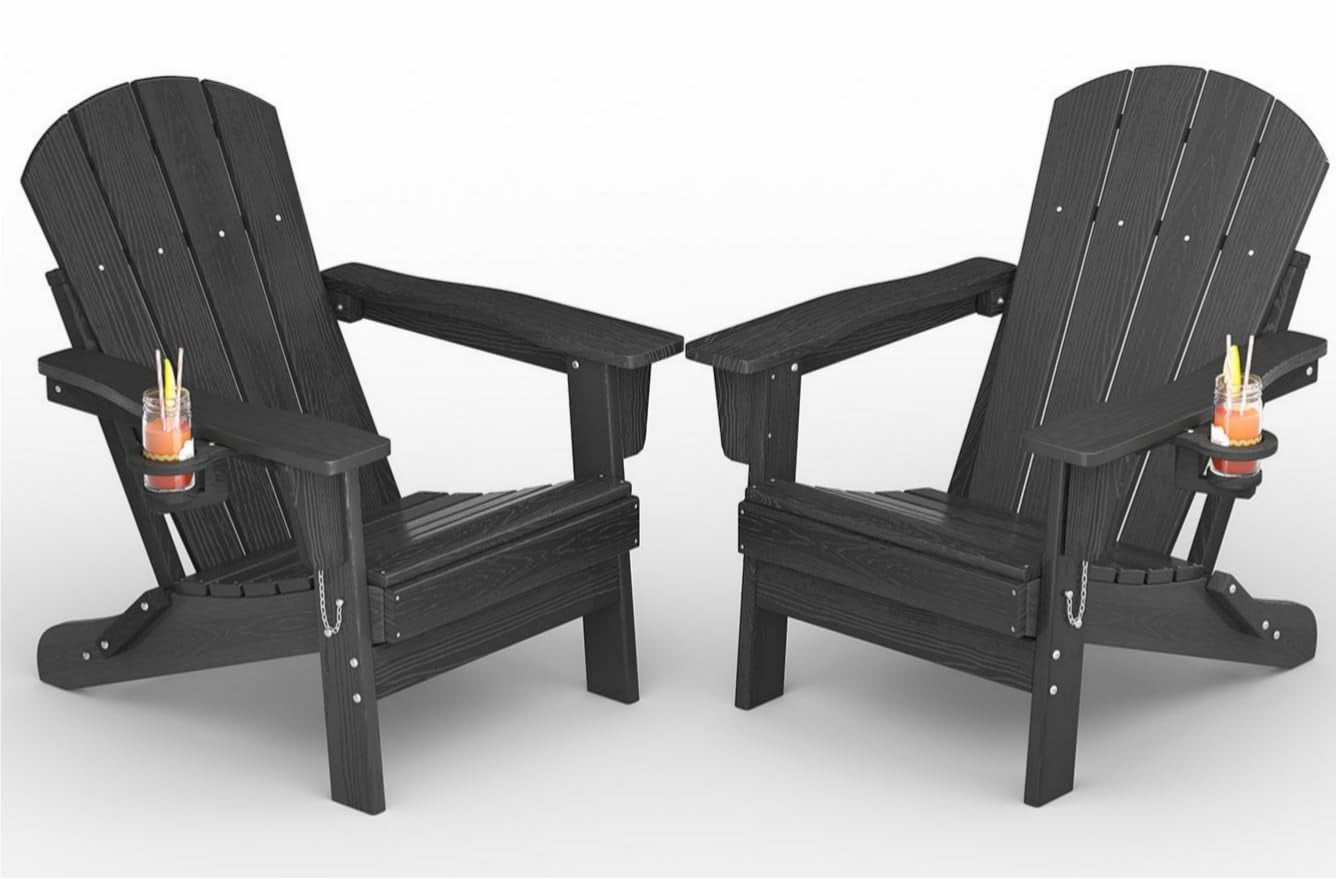 Ataucjin All-Weather HDPE Folding Adirondack Chairs Set of 2，Wood Grain Texture & Cup Holders, Collapsible, Plastic, Outdoor Patio Furniture for Garden, Deck, Fire Pit
