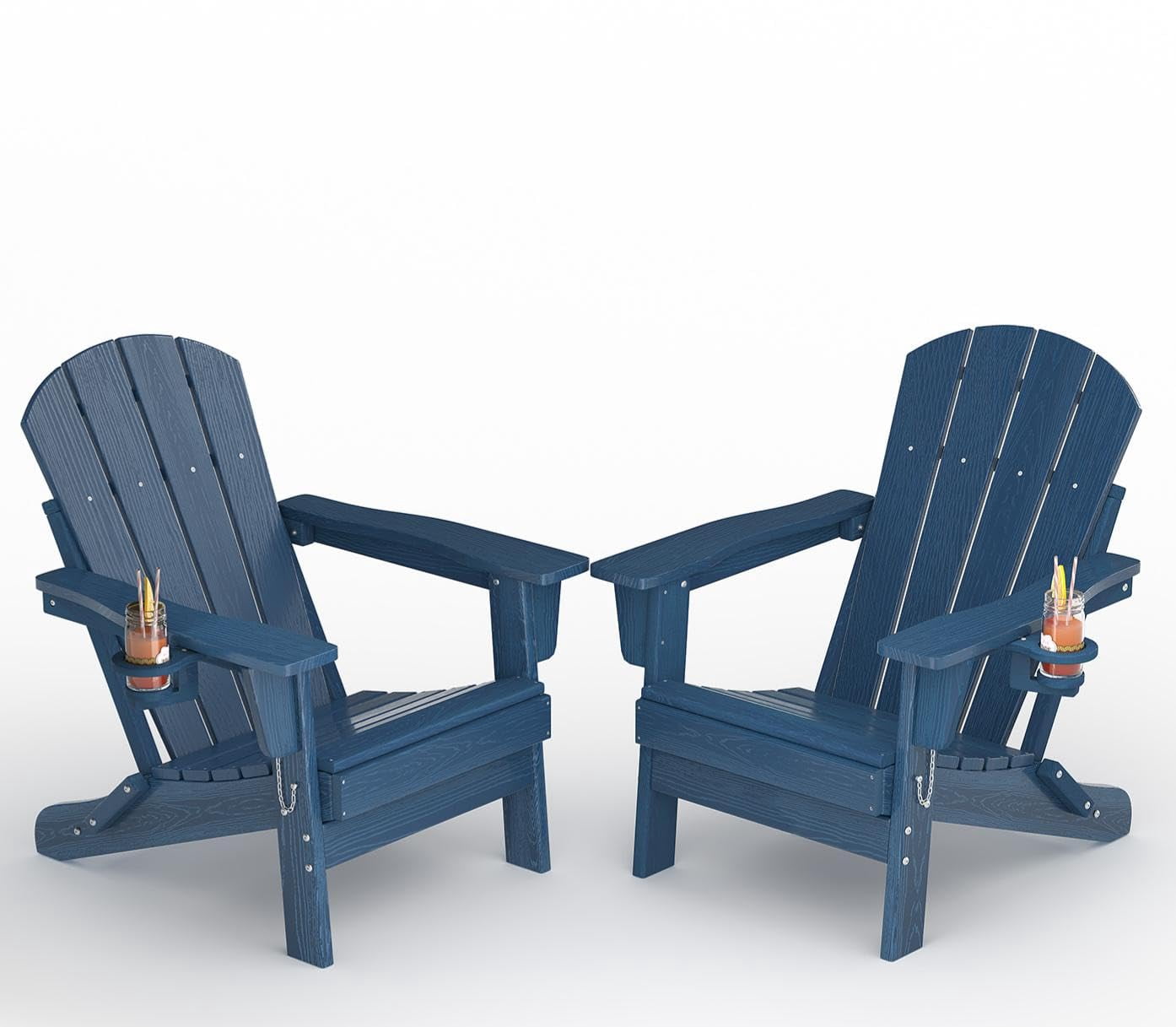 Ataucjin All-Weather HDPE Folding Adirondack Chairs Set of 2，Wood Grain Texture & Cup Holders, Collapsible, Plastic, Outdoor Patio Furniture for Garden, Deck, Fire Pit