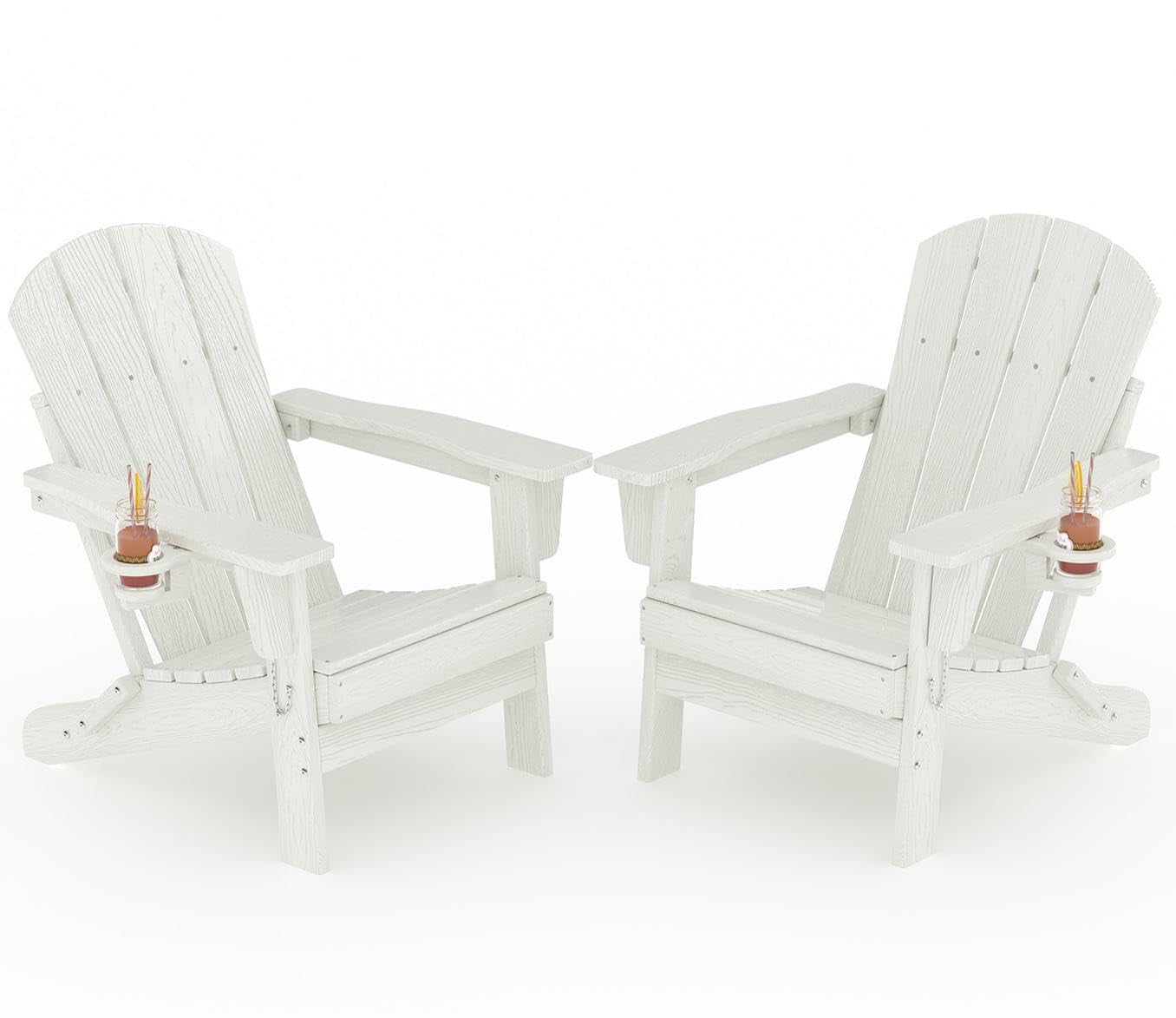 Ataucjin All-Weather HDPE Folding Adirondack Chairs Set of 2，Wood Grain Texture & Cup Holders, Collapsible, Plastic, Outdoor Patio Furniture for Garden, Deck, Fire Pit