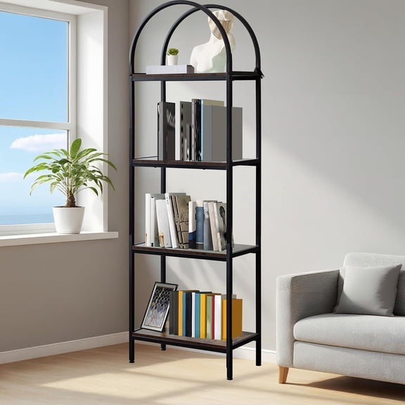 Ataucjin Arched Bookshelf,Standing Display Racks with Metal Frame,Modern Open Storage Rack Shelf Large Wood Book Shelf for Living Room Home Office,4 Tier/5 Tier