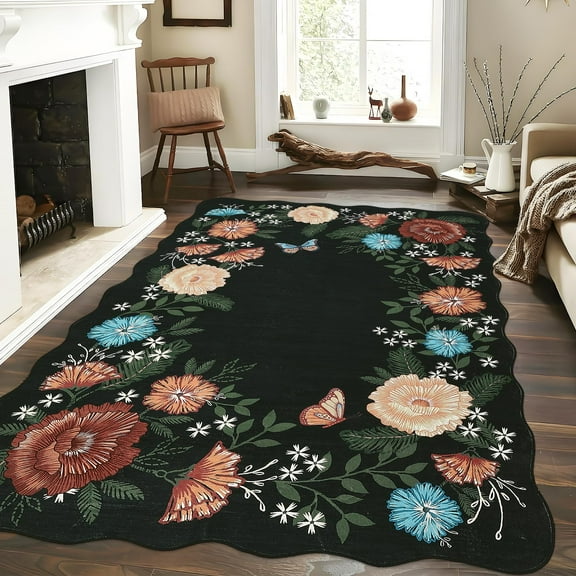 Ataucjin Area Rugs for Living Room,Non Slip Washable Rug Soft Floral Irregular Floor Cover Indoor Low Pile Scalloped Area Rug Foldable Thin Rugs for Bedroom Dining Room Nursery Home Office