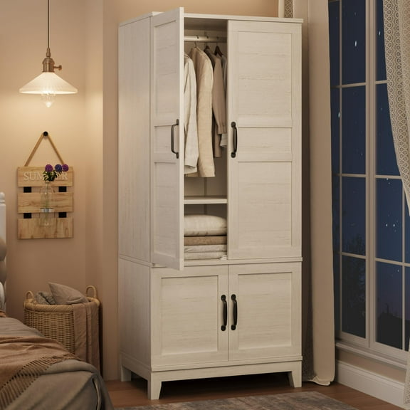 Ataucjin Armoire Wardrobe Closet with 4 Doors,72'' Wooden Wardrobe Cabinet with Hanging Rod,Freestanding Tall Clothing Armoire Cabinet with 18 Adjustable Shelves,Wooden Bedroom Closet for Bedroom