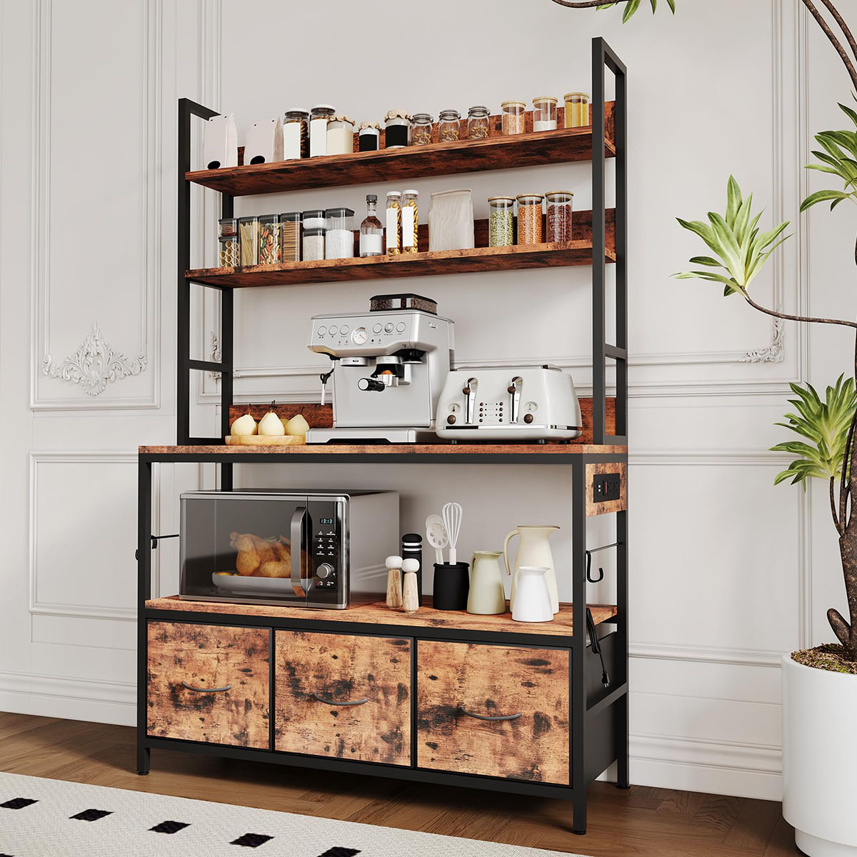 Ataucjin Bakers Rack with Storage Cabinet, 5-Tier Standing Kitchen Industrial Microwave Oven Stand with Power Outlet and  Hooks,Freestanding Farmhouse Coffee Bar for Kitchen, Dining Room, Office
